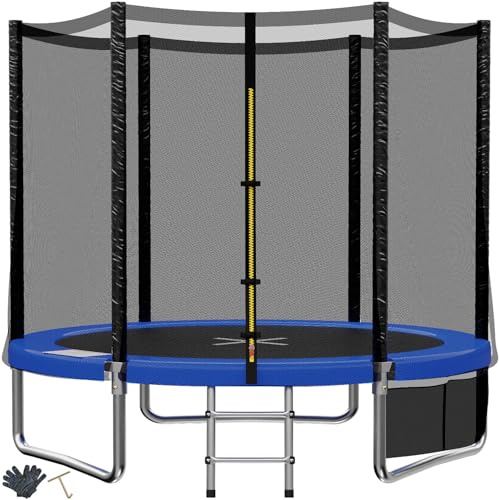 TRIUMPHKEY Cama Elástica Exterior para Niños Ø 183/228/305/366/427 cm, Trampolín de Jardín, Juego Completo con Red de Seguridad, Escalera, Cubierta de Borde, Capacidad de Carga 50 kg Azul