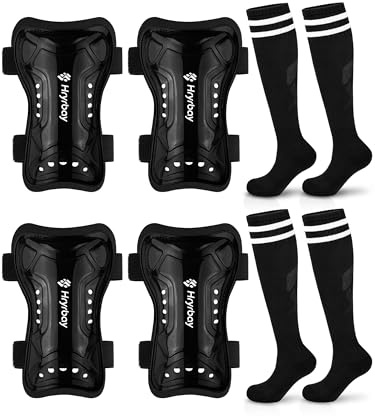 Hryrbay 2 Pairs Kids Soccer Shin Guards and Socks Set Toddler Shin Pads Protective Gear for Boys Girls Ages 3-15, Perfect for Playing Training or Games Inspired by The World Cup Black, Black M