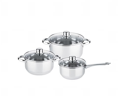 EMPOTEC Set Batteria Pentole Tegami Casseruole in Acciaio Inox, 6 Pezzi con Coperchio in Vetro, Compatibile con Induzione e Gas, Spessore 0,4mm con Fondo 1,5mm