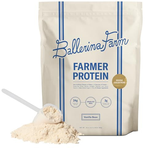 Ballerina Farm Grass Fed Whey Protein Powder, Vanilla Bean, 24g Protein with Collagen Peptides, Bovine Colostrum, Hemp Hearts & Prebiotic Fiber, No Added Sugar or Artificial Ingredients, 20 Servings