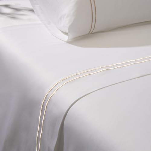 VOUCLER Essence – Sabana Encimera 150cm 100% Algodon Premium Satén 300 Hilos – Cama 150 y 160cm Blanco con Bordado Beige Refinado, Suave y Elegante, Oeko-Tex® (240 X 280 cm)