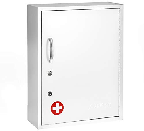 AdirMed White Locking Medication Cabinet with Document Pocket, Metal Wall Mounted Medication Cabinet with Dual Lock and Dual Keys, 21 H x 16 W x 6 D