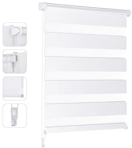 Sekey Doppelrollo Klemmfix ohne Bohren für Fenster, Doppelrollo 110 cm breit, Duo Rollo Jalousie Sonnenschutz, 110x130cm, Weiß
