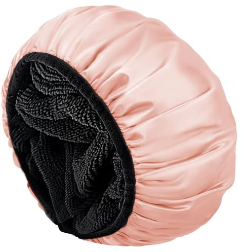 Aquior Shower Cap, Shower Cap for Women, Reusable, Three-Layer, Waterproof, Silky Satin Outer Layer, Terry Cloth Lining, Extra Large for Women, Long Hair (Champagne)