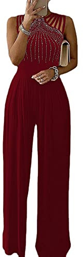 shownicer Monos de Vestir Mujer Elegante Verano Largo Talla Grande Sin Mangas Mono de Color Sólido Pantalones Anchos de Rectos Playsuit Fiesta de Noche Rojo L