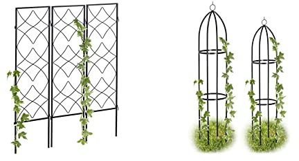 Relaxdays Rankgitter Metall, 3er Set, zum Stecken, Rankhilfe für Kletterpflanzen, 122 x 31 cm, Spalier Garten, schwarz & Rankturm 2er Set, Rankhilfe für Rosen, Kletterpflanzen, H: 139cm&149cm, schwarz