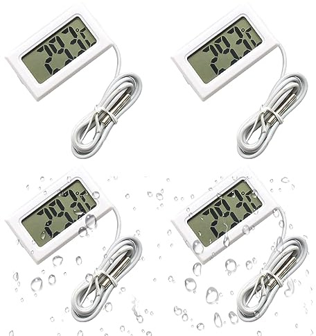 Lot de 4 thermomètres numériques LCD avec sonde externe étanche pour réfrigérateur, congélateur, aquarium, aquarium, température de l'eau (blanc)