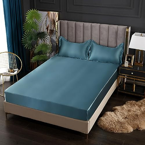 SASIGAYA Satin Spannbettlaken 90x200cm Blau Seide Glänzend Einfarbig Microfaser Spannbetttuch Hochwertiges Deluxe Unifarben Satin Bettlaken für Boxspringbett Topper Matratzen bis 25cm