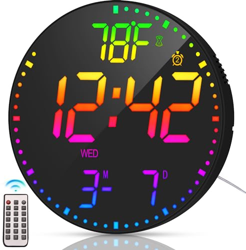 Kasbin 12 Inch Large Digital Wall Clock with Remote Control, RGB Color, Alarm, Timer, Date, Temperature, LED Display for Classroom, Living Room, Bedroom, Gift for Elderly (Black Mirror, 12)