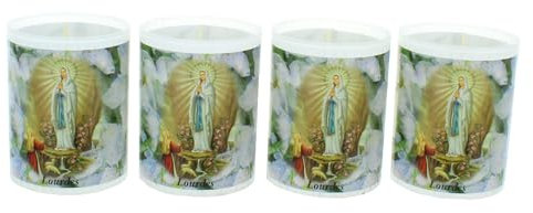 Set di 4 candele votive Notre Dame de Lourdes con preghiera, 6 cm, candela votiva – Culto cristiano in cera vegetale