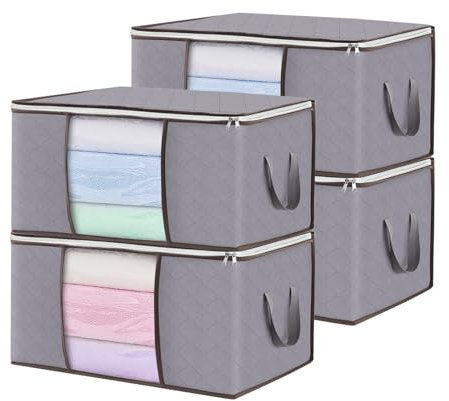 PEAKTOP 4 Stück 90L Aufbewahrungstasche, Faltbare Stoff Aufbewahrungsbox, Groß Kleideraufbewahrung Box mit Griff, Aufbewahrungstasche für Kleidung Decken Bettdecken Bettwäsche (Grau)