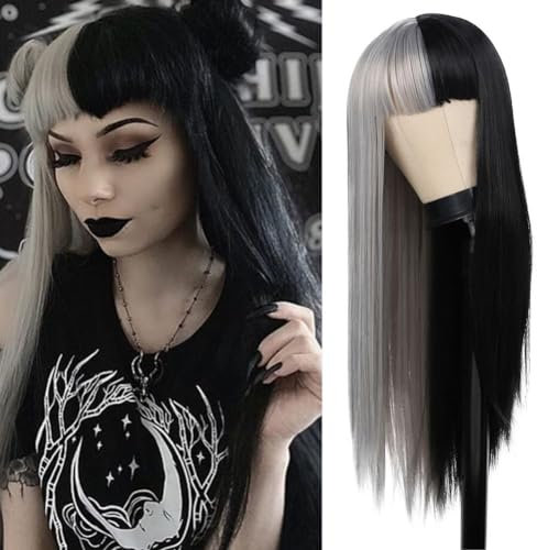 Salaibs Parrucche lunghe metà grigie nere per le donne dritto goth parrucca per capelli con bangs fibra resistente al calore Cosplay Halloween parrucca