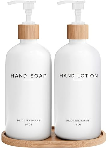 White Glass Soap and Lotion Dispenser Set with Tray by Brighter Barns - Hand Soap Dispenser Bathroom Set - Bamboo Bathroom Soap Dispenser Set - Minimalist Bathroom Accessories, Modern Home Decor