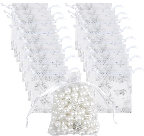 Organzasäckchen Weihnachten, 100 Stück Weiß Geschenksäckchen, Organzabeutel, Schneeflocke Organzasäckchen mit Zugband, Säckchen zum Befüllen, Kleine Geschenktüten für Geschenk Weihn (Weiß, 7 x 9CM)