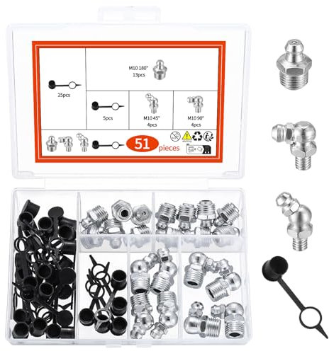 51 Pz Set di Ingrassatori, M10 Testine Ingrassatori Grasso Raccordo Assortimento, Raccordo per Ingrassatore ad Dritto e Angolato 45 ° 90 ° 180 °, Ingrassatore Idraulico, Incl 30 Cappucci Protettivi
