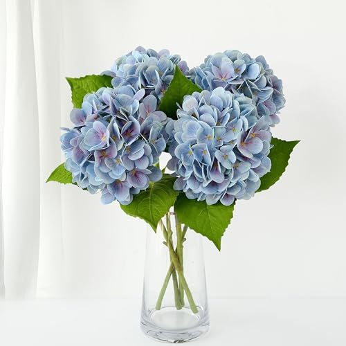 ZYTUYO 4PCS 19.6Inch Faux Blue Hydrangea Artificial Flowers Silk Latex Realistic Full Large Hydrangeas Spring Long Stem Leaves Bouquet Plants for Tall Vase Garden Xmas Table Flower Arrangements