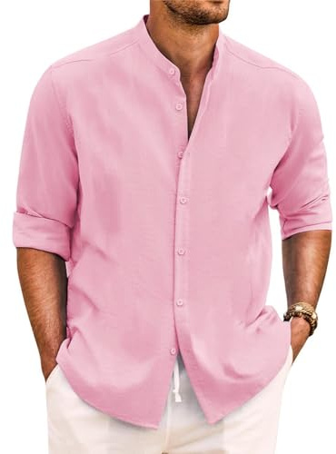 Yageshark Hemd Herren Leinenhemd Langarm Sommerhemd Button Down Stehkragen Hemden Freizeithemd Casual Regular Fit Strandhemd Leinen Shirt(Rosa,XL)
