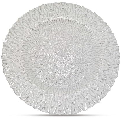 Silver Glass Charger Plate with Luxury Peacock Design – 33cm Round Underplate for Weddings, Decorations, Parties, Special Events, Anniversaries, Birthdays, Catering, and Tableware - 1 Pc
