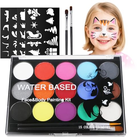 Alaoo Pintacaras Infantil, 15 Colores Pintura Corporal y Facial con 2 Pinceles 32 Plantillas, Seguridad No Tóxica Kit de Pintura Facial para Halloween Festival Fiesta Cosplay