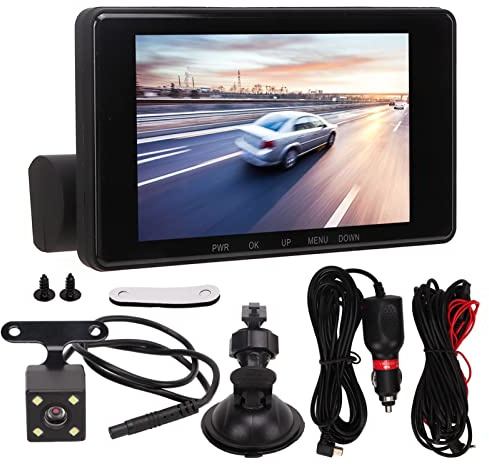 Cámara de Coche DVR 3 Cámaras con Visión Nocturna, Pantalla HD de 4 Pulgadas, Grabadora de Conducción con Monitor de Aparcamiento 24H - Grabación en Bucle, Detección de Movimiento y Ángulo Amplio 170°