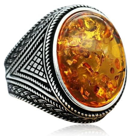 PSAMPMOS Genuine Amber Rings for Men, Authentic Vintage Boho Baltic Gemstone Statement Rings Jewelry Gift for Dad Husband，Size 10