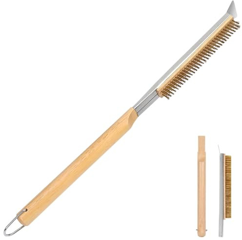 QiMan 57 cm pizzaugnsborste, ugnsborste med skrapare, mässingsborstar, trähandtag och ring för upphängning, för utomhus- och inomhusugnar Pizzaugns tillbehör