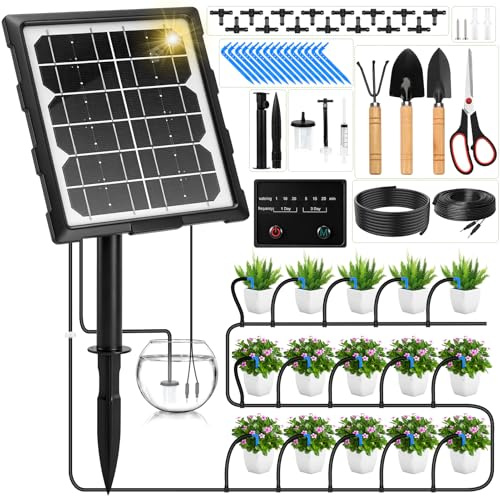 Lomffy Kit Sistema de Riego Solar para Jardín, 900ml/min Kit Riego Por Goteo Autorriego 15 goteros Riego Automático Solar con temporizador, manguera de 15 m y 4 herramientas para jardines, balcones