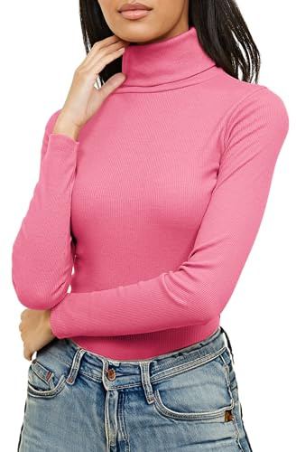 Re Tech UK Ladies Plain Ribbed Cotton Polo Turtle Roll Neck Tunic Top Jumper Full Sleeve, Baby Pink, M/L 12-14