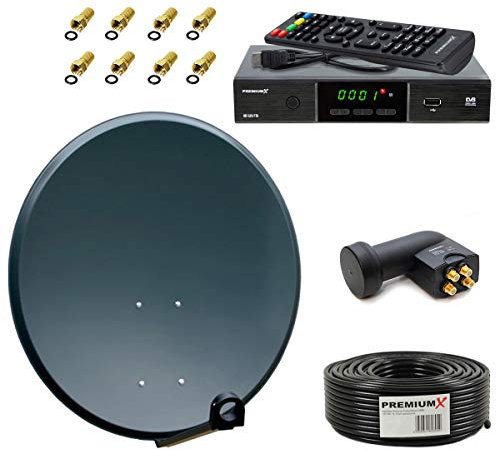PremiumX Satelliten-Komplettanlage 60cm Satellitenschüssel Anthrazit Quad LNB 50m Antennen-Kabel SAT TV Receiver FullHD