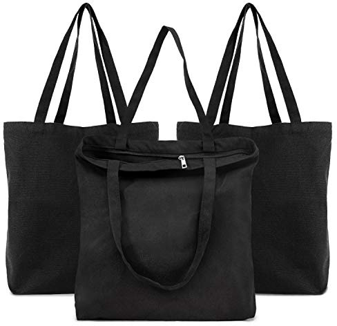 Segarty Black Canvas Tote Bag, 3 Packs 16x15 inch Canvas Bags with Zipper, 12Oz Heavy Duty Reusable Washable Grocery Shopping Bag with Handle, Blank Cotton Bags for Kids DIY Crafts Painting Bulk