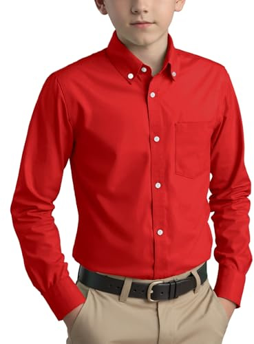 Spring&Gege Camisa de manga larga con botones de sarga de algodón para niños (3-14 años), rosso, 9-10 Años
