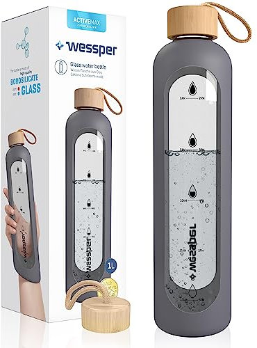 Wessper Bouteille d’eau 1L de Motivation en verre avec temps horaire, Sans BPA, Gourde en verre hermétique 1000 ml avec couvercle en bambou réutilisable avec housse en silicone - Gris