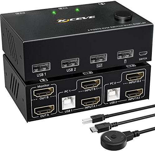 Dual Monitore KVM Switch HDMI 4k@60Hz, ESKEVE HDMI Extended Display Switch für 2 PCs mit zwei Monitore und 4 USB 2.0 Ports, Desktop Controller und USB HDMI Kabel enthalten