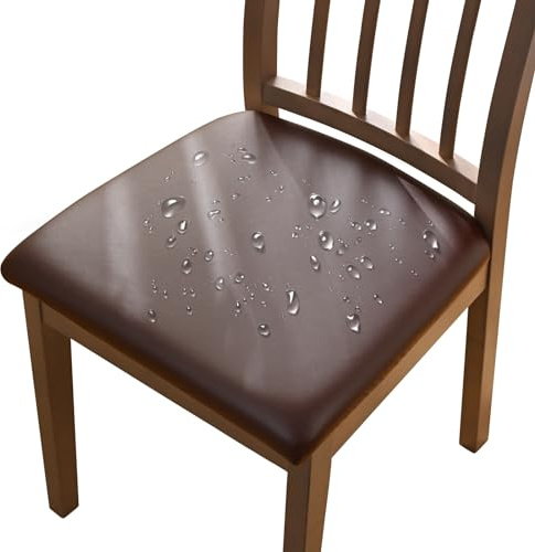 Alishomtll Leather Dining Chair Covers Set of 4/6 PU Chair Seat Slipcovers Waterproof Chair Covers Removable Seat Covers with Fixing Buckle for Dining Room Kitchen Garden Office (Brown, 4pcs)