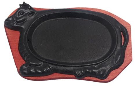 F Fityle Piastra in ghisa, Padella Antiaderente a Forma di Mucca con Base in Legno, Padella per Bistecca, Piastra per griglia