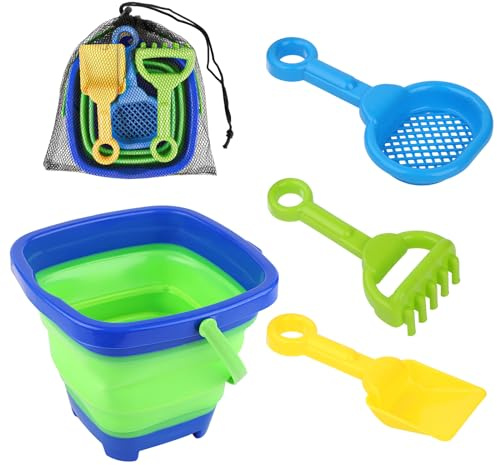 NQEUEPN Beach Toys Set, Collapsible Bucket with 3 Shovel Sand Toys & Mesh Bag Foldable Pail Bucket Beach Sand Toys Set for Toddlers Kids Boys and Girls Travel Beach Party Summer Activities