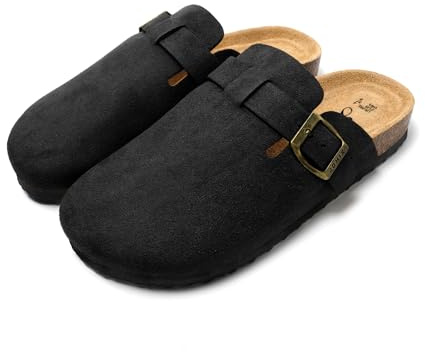 JOMIX Chaussons Sabots Femme en Daim avec Boucle Élégant Pantoufles Sandales à Semelle en Liège Confortable pour Intérieur et Extérieur MD2438 (Noir, 39)