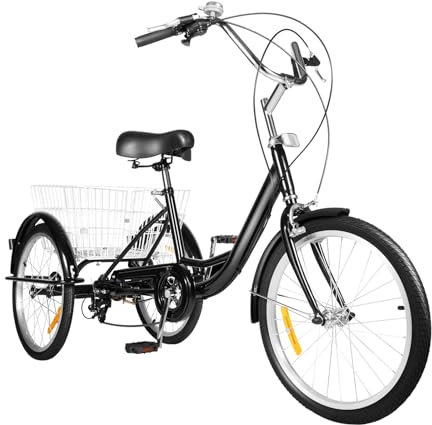 jiumxliu 20 tum trehjuling för vuxna, 8 växlar lastcykel, seniorcykel med inköpskorg, för en längd på 5,09–5,58 fot, städer, stränder, cykelvägar, svart