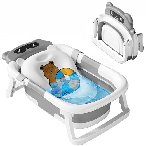 Nutmanel Vikbart babybadkar | Babybadkar platsbesparande och vikbar | Badbassäng perfekt för nyfödda baby 0–24 månader, babybadkar med halkfri sitsmatta, ergonomisk, BPA-fri, grå