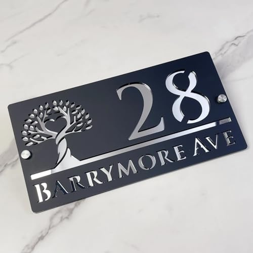 Panneau d'adresse personnalisé arbre de vie personnalisé à suspendre au mur, décoration d'intérieur pour porte d'entrée (noir argenté)