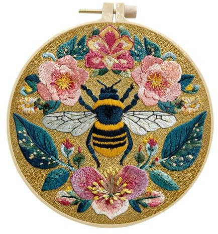 InteDesign Embroidery Kits for Adult Beginners, DIY Embroidery Starter Kit with Flowers Bird Pattern Instruction,Bamboo Hoops, Threads and Needles (Bee)