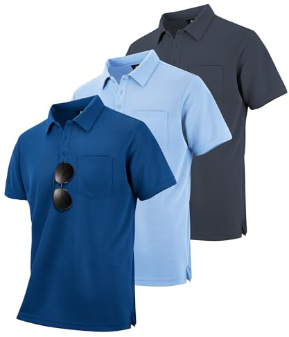ZITY 3 Pack Polo Shirt for Men Short Sleeve Golf Polo Mens Adult Outdoor Breathable Tops Work Multipack T-Shirt Sports Tennis Tee Grey+Light Blue+Royal Blue XL