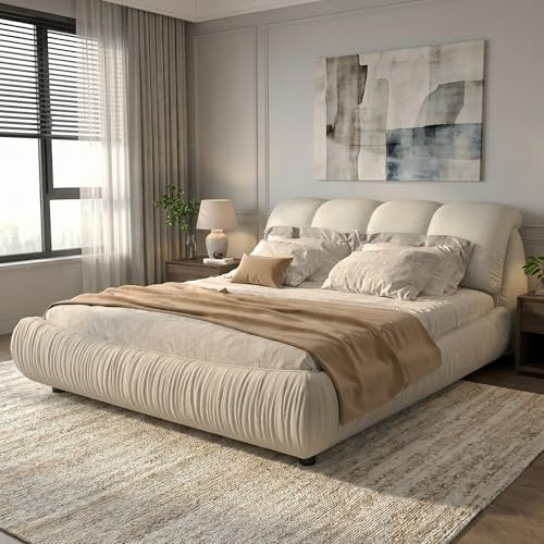 SmartEdge King Size Cloud Upholstered Platform Bed Frame with Oversized Padded Headboard, Solid Wood Slats Support, Low Profile Modern Luxury Bed, No Box Spring Needed, Noise Free, Beige