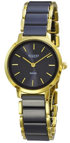 REGENT F-1628 Reloj de Mujer Oro Acero Inoxidable Cerámica Negro Cristal de Zafiro 30 mm Reloj de Cuarzo Mujer