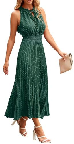 QUNERY Vestidos Verano Mujer Sin Mangas Vestido Largo Cuello en V Elegante Dress Volante de Lunares Suizos Elástica Cintura Alta Casual