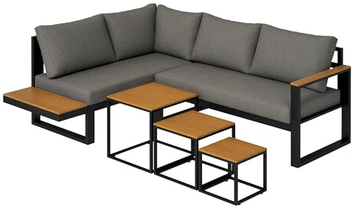 Outsunny Ensemble de meubles de jardin 5 pièces avec canapé d'angle, canapé double, table basse, gris