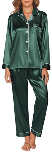 GAESHOW Pigiama Donna Estivo, Pigiama Donna Estivo in Raso con Bottoni, Pigiami Due Pezzi a Maniche Lunghe e Pantaloni Lunghi Morbido Comodo Set Pigiama M