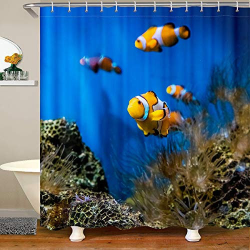 Ozean Wasserdichtes Duschvorhang Textil Nemo Fische Stoff Duschvorhang 180x200 für Jungen Mädchen Meer Unterwasserwelt Mit Haken Wassertier Gedruckt