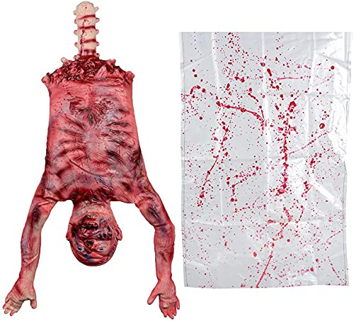 AOFOX Mezzo Corpo sanguinante di Halloween, Busto di cadavere Appeso a metà Corpo in Pelle di Lattice da 94 cm in Una Borsa per la casa stregata Festa di Halloween Decorazione Interna all'aperto