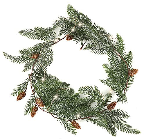 Gukasxi Ghirlanda natalizia con 10 LED artificiale verde ramoscello di vite ghirlanda con pigne per l'inverno, per interni ed esterni, matrimoni, feste, Natale, vacanze